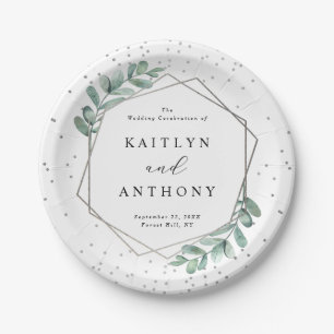 Eucalyptus Geometric Silver Foil Wedding Paper Plates