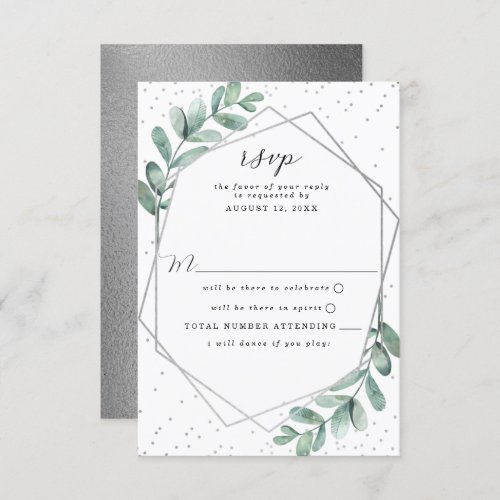 Eucalyptus Geometric Silver Foil Wedding RSVP Card
