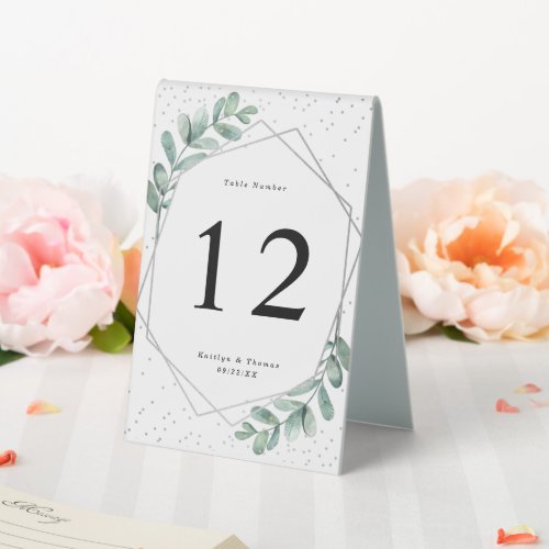 Eucalyptus Geometric Silver Foil Wedding Table Tent Sign