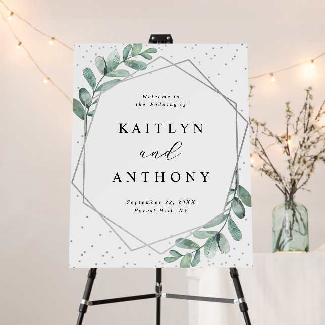 Eucalyptus Geometric Silver Foil Wedding Welcome Foam Board (In Situ (Stand))