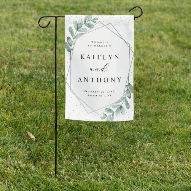 Eucalyptus Geometric Silver Foil Wedding Welcome Garden Flag (In SItu)