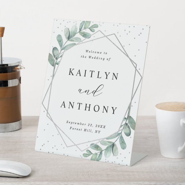 Eucalyptus Geometric Silver Foil Wedding Welcome Pedestal Sign (In SItu)
