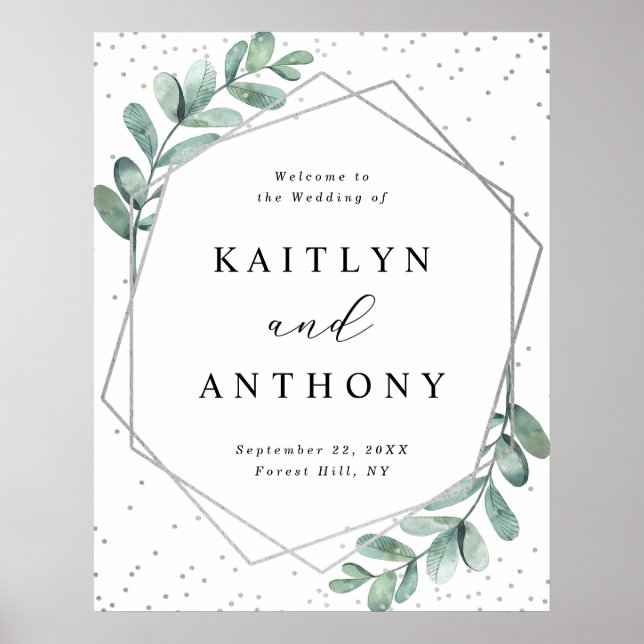 Eucalyptus Geometric Silver Foil Wedding Welcome Poster (Front)