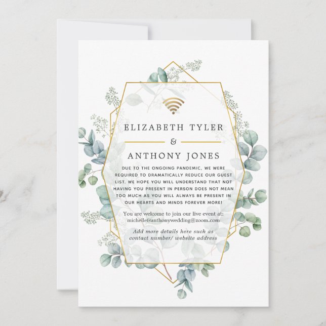 Eucalyptus Geometric Virtual Wedding Guest List Announcement (Front)