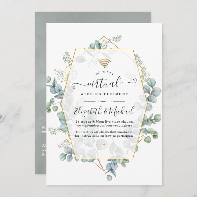 Eucalyptus Geometric Virtual Wedding Invitation (Front/Back)