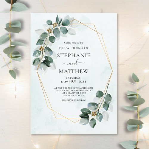 Eucalyptus Geometric Watercolor Foliage Wedding Invitation