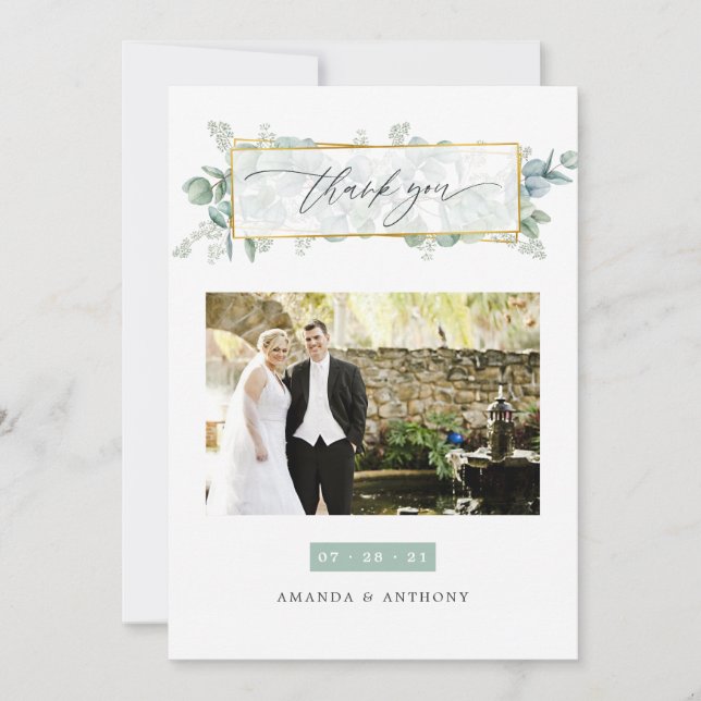 Eucalyptus Geometric Wedding Photo Collage Thank You Card (Front)