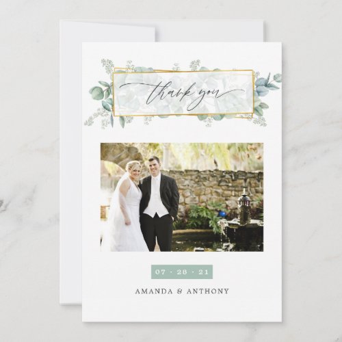 Eucalyptus Geometric Wedding Photo Collage Thank You Card