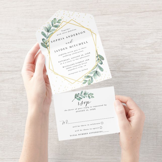 Eucalyptus Geometric Wedding Real Foil Pressed All In One Invitation (Tearaway)