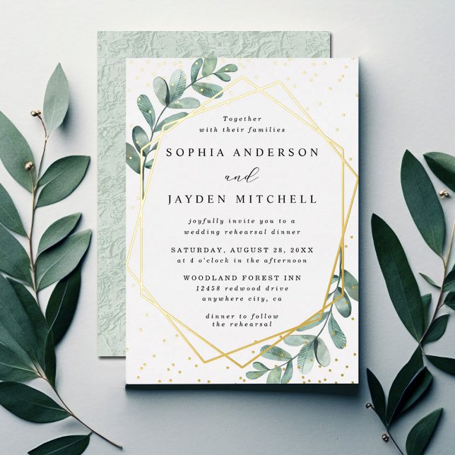 Eucalyptus Geometric Wedding Rehearsal Dinner Real Foil Invitation (Creator Uploaded)