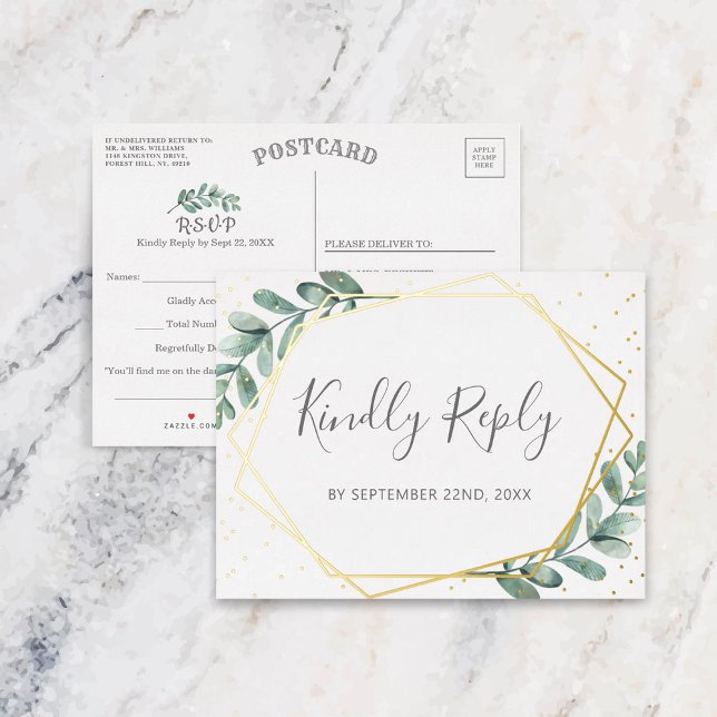 Eucalyptus Geometric Wedding RSVP Real Foil Invitation Postcard (Creator Uploaded)