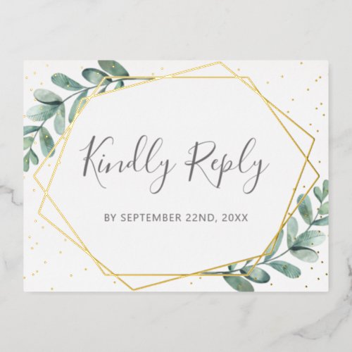 Eucalyptus Geometric Wedding RSVP Real Foil Invitation Postcard
