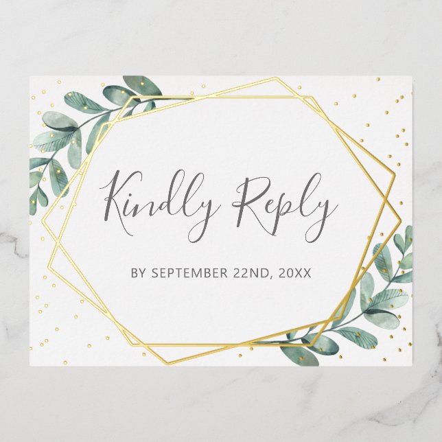 Eucalyptus Geometric Wedding RSVP Real Foil Invitation Postcard (Front)