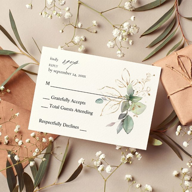 Eucalyptus Glow Gold Greenery 2 no Meal RSVP Card (Creator Uploaded)