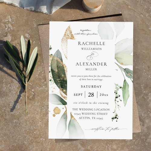 Eucalyptus Glow Gold Greenery 2 Wedding Invitation