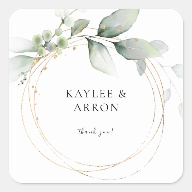Eucalyptus Glow Gold Greenery Thank You 2 Square Sticker (Front)