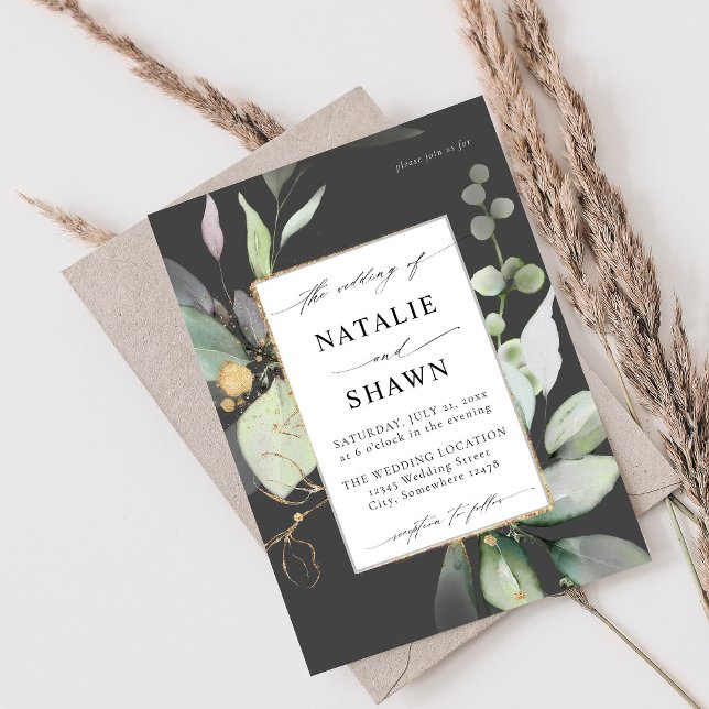 Eucalyptus Glow Gold Greenery Wedding Gray Invitation (Creator Uploaded)