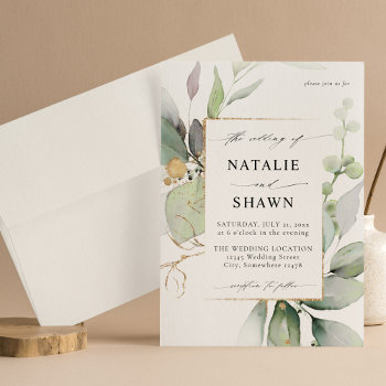 Eucalyptus Glow Gold Greenery Wedding Invitation by M_Blue_Designs at Zazzle