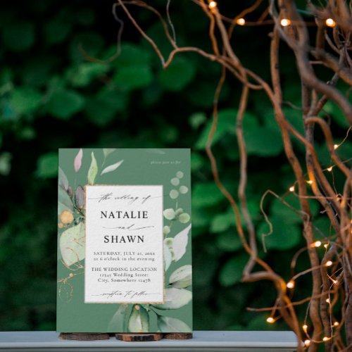 Eucalyptus Glow Gold Greenery Wedding Olive Green Invitation