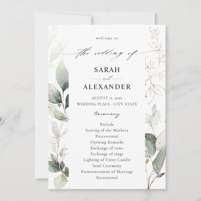 Eucalyptus Glow Gold Greenery Wedding Program (Front)