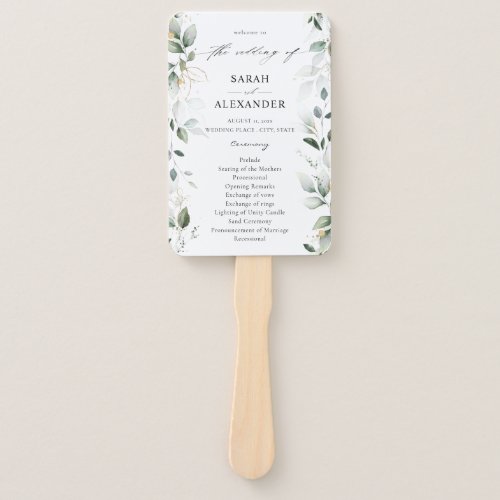 Eucalyptus Glow Gold Greenery Wedding Program 2 Hand Fan