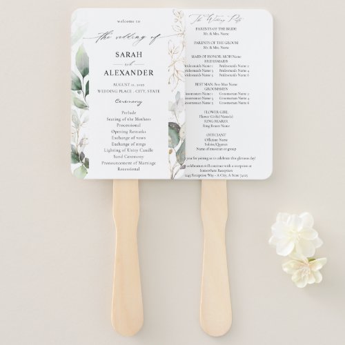 Eucalyptus Glow Gold Greenery Wedding Program Hand Fan