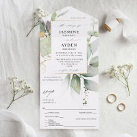 Eucalyptus Glow Gold Greenery Wedding V2 All In One Invitation
