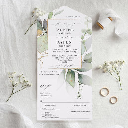Eucalyptus Glow Gold Greenery Wedding V2 All In One Invitation