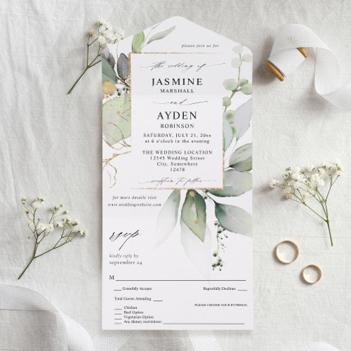 Wedding Invitations - Pink Dramatic personalized gifts for you Eucalyptus gold greenery all in one wedding invitation