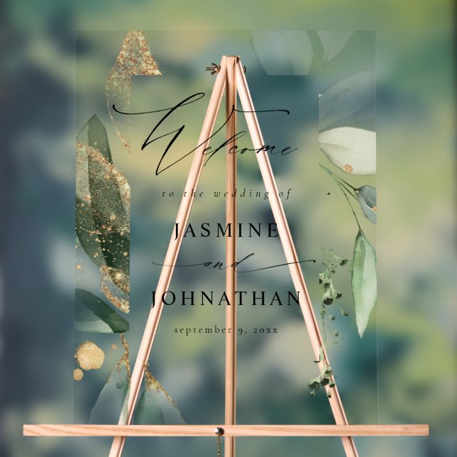 Eucalyptus Glow Gold Greenery Wedding Welcome 3 Acrylic Sign (Neutral)