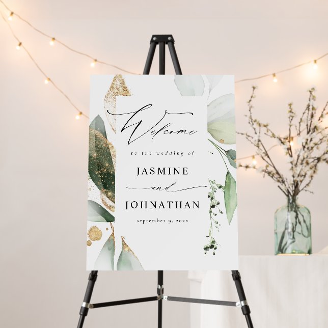 Eucalyptus Glow Gold Greenery Welcome Foam Board 3 (In Situ (Stand))