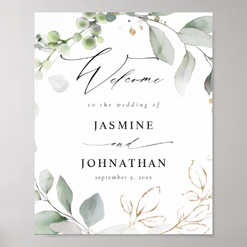 Eucalyptus Glow Gold Greenery Welcome Sign Poster