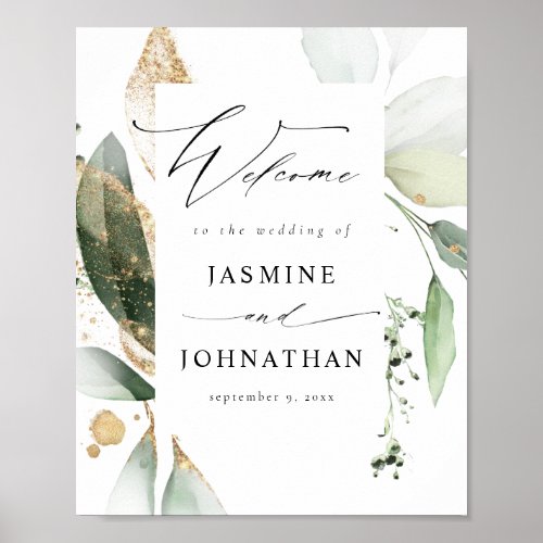 Eucalyptus Glow Gold Greenery Welcome Sign Poster3