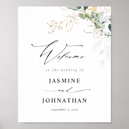 Eucalyptus Glow Gold Greenery Welcome Sign Poster4