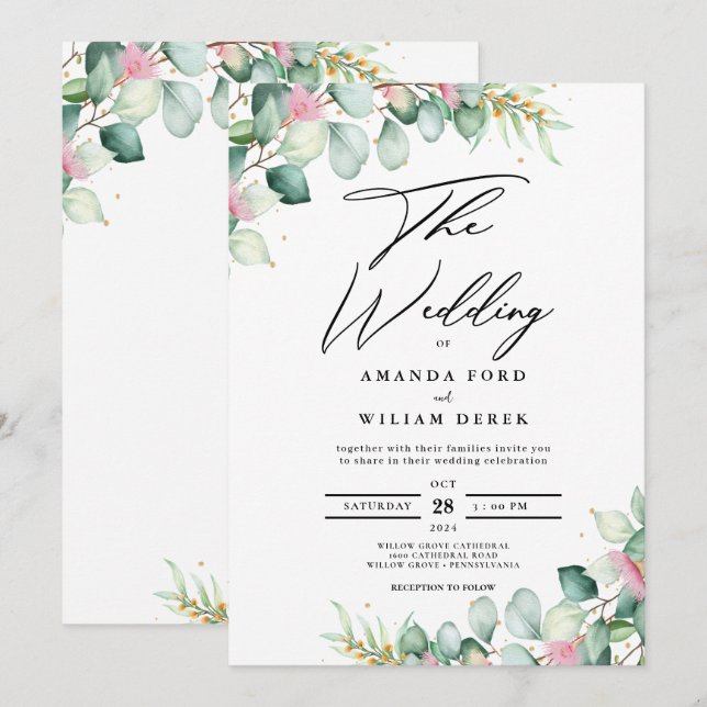 Eucalyptus Glow Greenery modern Wedding Invitation (Front/Back)