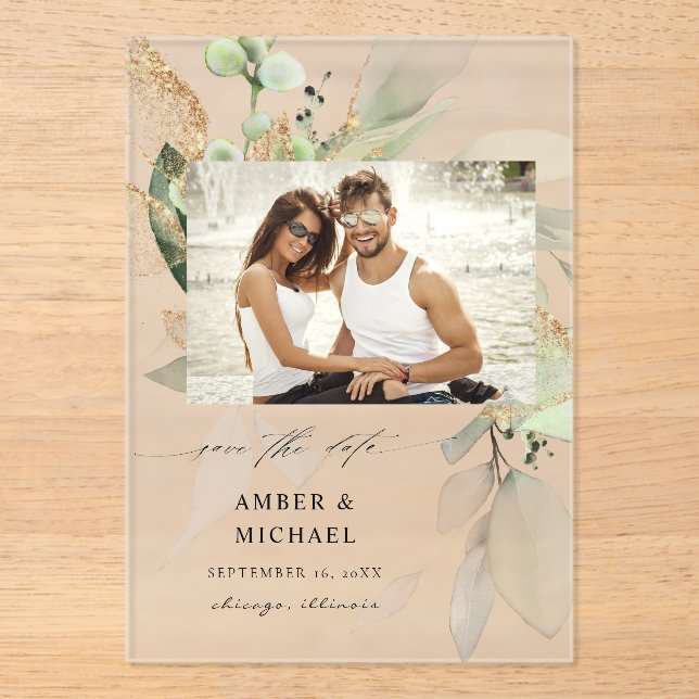 Eucalyptus Glow Photo Save the Date 3 Acrylic Invitations (Front)
