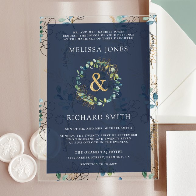 Eucalyptus Gold Ampersand Navy Blue Wedding Acrylic Invitations (Creator Uploaded)