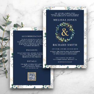 Eucalyptus Gold Ampersand QR Code Navy Wedding Invitation
