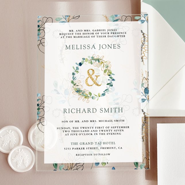 Eucalyptus Gold Ampersand Wedding Acrylic Invitations (Creator Uploaded)