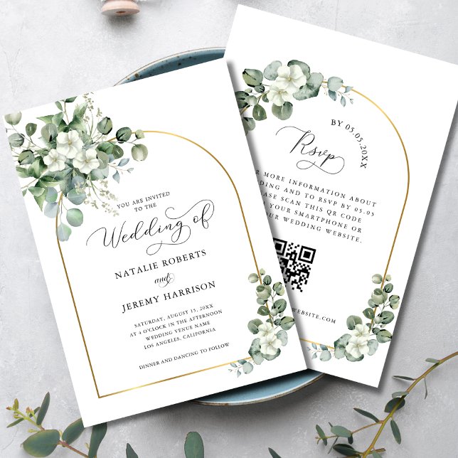 Eucalyptus Gold Arch QR Code All in One Wedding Invitation (Creator Uploaded)