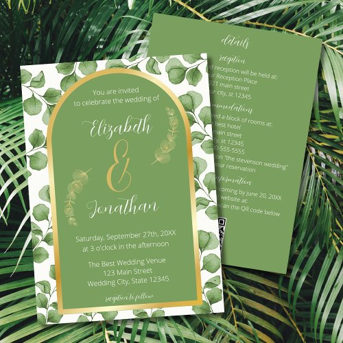 Eucalyptus Gold Arch Sage Green Script Wedding Invitation