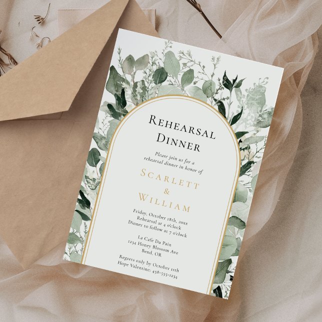 Eucalyptus Gold Arch Sage Wedding Rehearsal Dinner Invitation (Creator Uploaded)