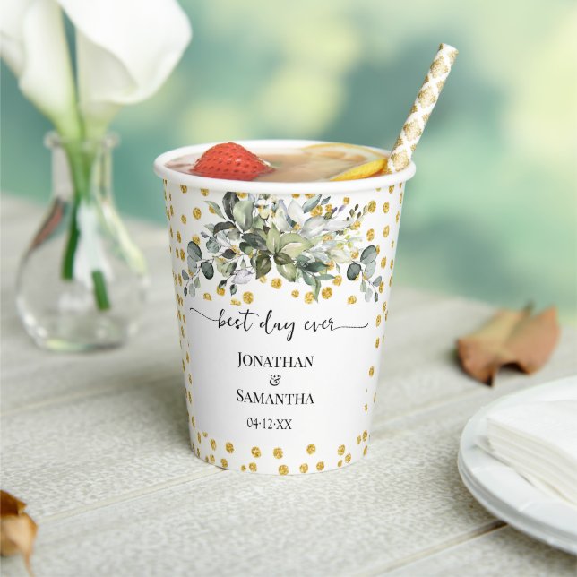 Eucalyptus Gold Best Day Ever Wedding Paper Cups (Insitu)