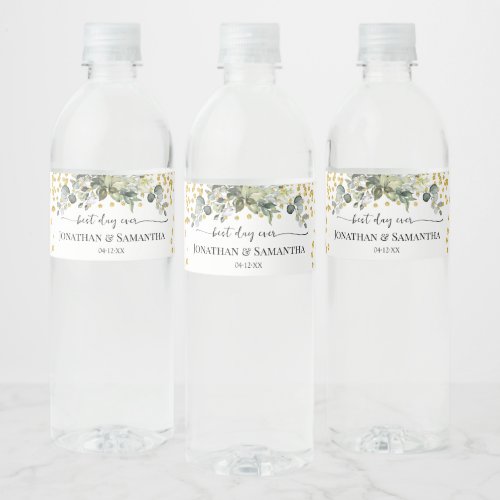 Eucalyptus Gold Best Day Ever Wedding Water Bottle Label