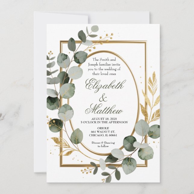 Eucalyptus Gold Botanical Wreath Wedding Invitatio Invitation (Front)