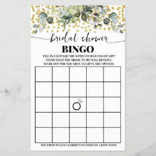 Eucalyptus Gold Bridal Shower Bingo Game Card Flyer