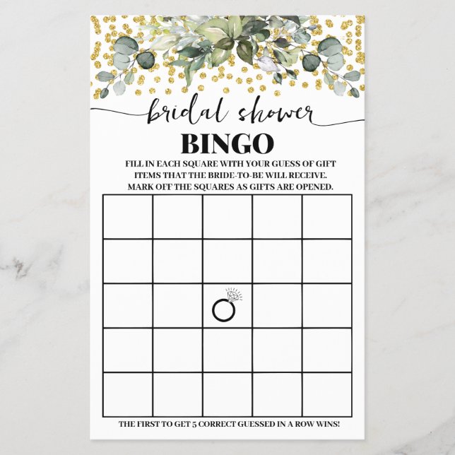Eucalyptus Gold Bridal Shower Bingo Game Card Flyer (Front)