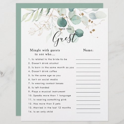 Eucalyptus Gold Bridal Shower Find the Guest Game