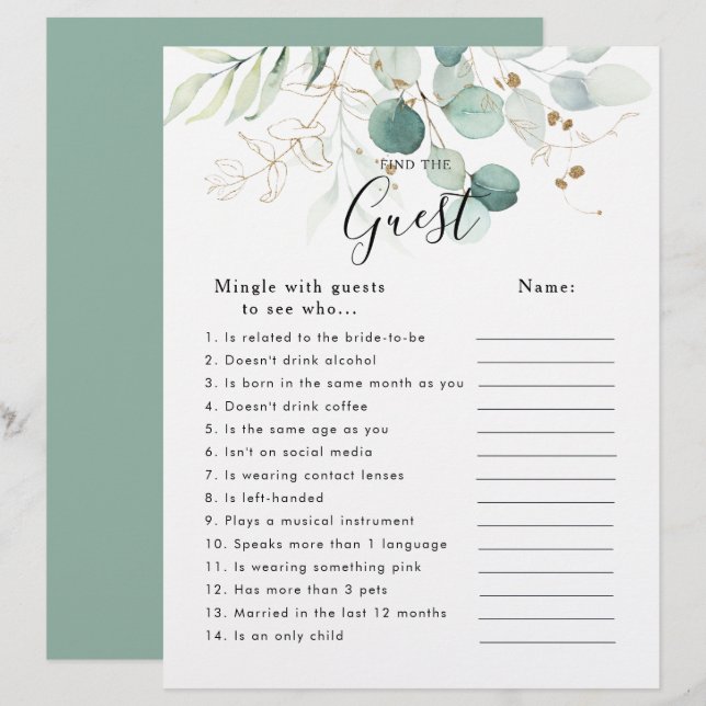 Eucalyptus Gold Bridal Shower Find the Guest Game (Front/Back)