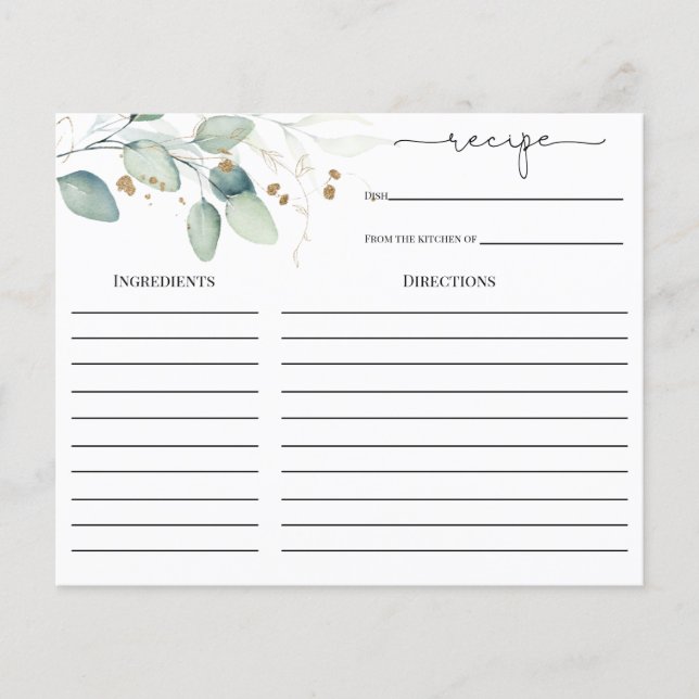 Eucalyptus Gold Bridal Shower Recipe card (Front)